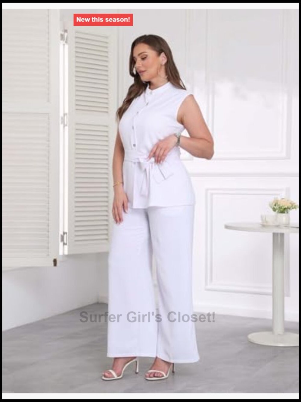 Sleeveless Belt Button Down Shirts Flare Pant Business Suit Set Dressy Pantsuits - Picture 4 of 7